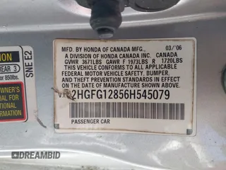 2006 Honda Civic Cpe EX with VIN 2HGFG12856H545079, listed as a IAAI auction lot 42026662 with 177,866 mi miles. Bid and sale history available at carsss.com. Image 9.