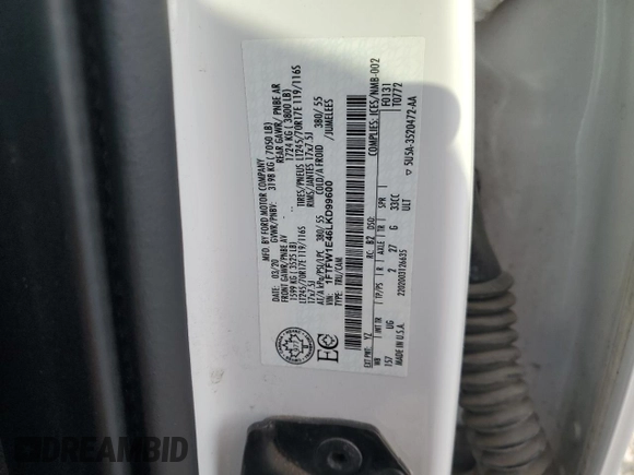 2020 Ford F-150 XL with VIN 1FTFW1E46LKD99600, listed as a Copart auction lot 88459665 with 84,237 mi miles and Salvage title. Bid and sale history available at DreamBid. Image 13.