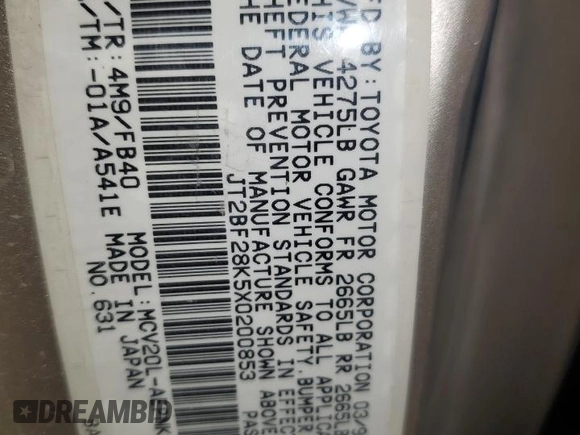 1999 Toyota Camry LE z VIN JT2BF28K5X0200853, wystawiony jako Copart lot #50666075 z przebiegiem Nie podano mil oraz Nie do naprawy • Non repairable. Historia ofert i sprzedaży dostępna na DreamBid. Obrazek 12.