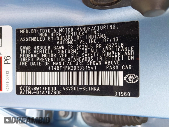 2013 Toyota Camry L with VIN 4T4BF1FK2DR331541, listed as a IAAI auction lot 42119575 with 96,499 mi miles. Bid and sale history available at carsss.com. Image 9.