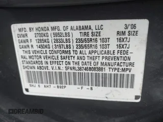 2006 Honda Odyssey EX-L z VIN 5FNRL38746B083881, wystawiony jako IAAI lot #42363976 z przebiegiem 252 746 mil mil oraz . Historia ofert i sprzedaży dostępna na DreamBid. Obrazek 9.