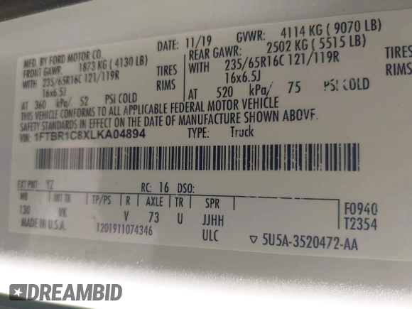 2020 Ford Transit Cargo z VIN 1FTBR1C8XLKA04894, wystawiony jako IAAI lot #42176726 z przebiegiem 84 154 mil mil oraz . Historia ofert i sprzedaży dostępna na DreamBid. Obrazek 9.