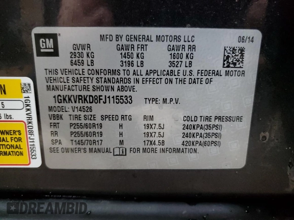 2015 GMC Acadia SLT with VIN 1GKKVRKD8FJ115533, listed as a Copart auction lot 52966785 with Not Provided miles and Clean Title. Bid and sale history available at DreamBid. Image 13.