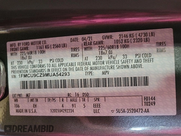 2021 Ford Escape SEL Hybrid with VIN 1FMCU9CZ9MUA54293, listed as a IAAI auction lot 42842340 with 86,282 mi miles and . Bid and sale history available at DreamBid. Image 9.