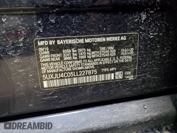 2020 BMW X5 M50i with VIN 5UXJU4C05LL227875, listed as a Copart auction lot 43477225 with 103,526 mi miles and Clean Title. Bid and sale history available at DreamBid. Image 13.