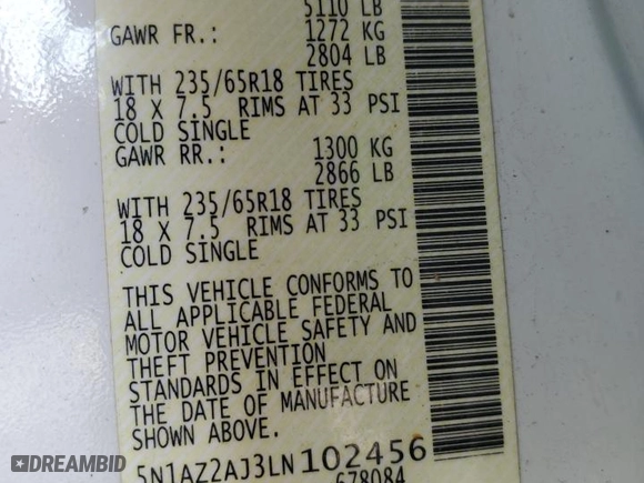 2020 Nissan Murano S with VIN 5N1AZ2AJ3LN102456, listed as a Copart auction lot 50304455 with 73,038 mi miles and Salvage Title. Bid and sale history available at carsss.com. Image 12.