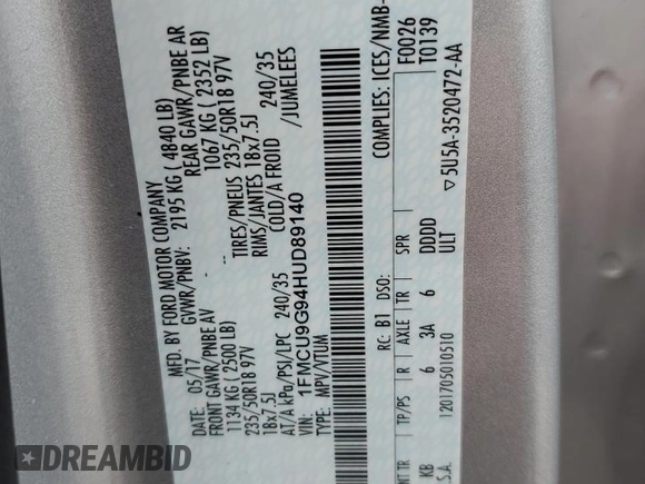 2017 Ford Escape SE with VIN 1FMCU9G94HUD89140, listed as a Copart auction lot 51699525 with 243,788 mi miles and Salvage Title. Bid and sale history available at carsss.com. Image 14.
