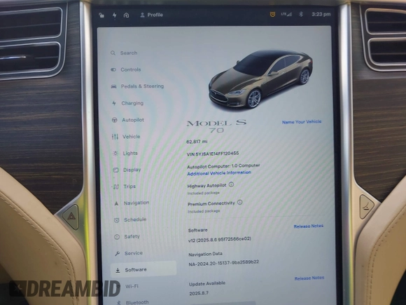 2015 Tesla Model S 85 with VIN 5YJSA1E14FF120455, listed as a IAAI auction lot 42053306 with 62,817 mi miles and . Bid and sale history available at DreamBid. Image 7.
