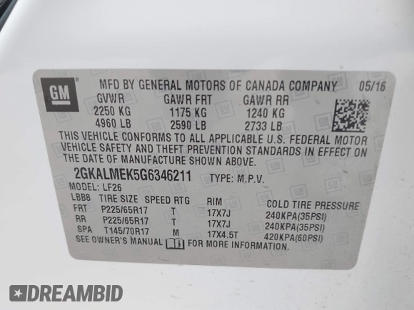 2016 GMC Terrain SLE with VIN 2GKALMEK5G6346211, listed as a IAAI auction lot 41260113 with 28,229 mi miles and . Bid and sale history available at carsss.com. Image 9.