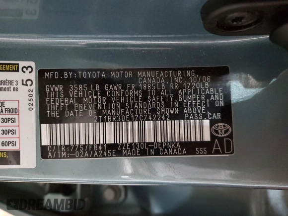 2007 Toyota Corolla CE с VIN 2T1BR30E17C742242, выставлен на аукционе Copart как лот 43159585 с пробегом 82 922 миль миль и Списание • Salvage title. История ставок и продаж доступна на DreamBid. Изображение 12.