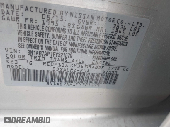 2015 Nissan Sentra SV with VIN 3N1AB7AP1FY321579, listed as a IAAI auction lot 41380306 with 84,888 mi miles and . Bid and sale history available at DreamBid. Image 9.