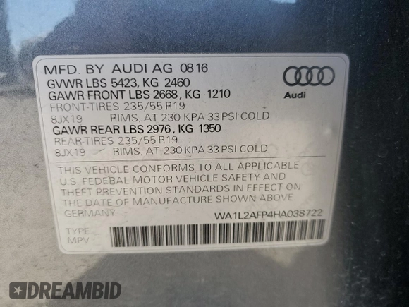 2017 Audi Q5 Premium Plus z VIN WA1L2AFP4HA038722, wystawiony jako Copart lot #55589095 z przebiegiem 60 782 mil mil oraz Szkoda całkowita • Salvage title. Historia ofert i sprzedaży dostępna na DreamBid. Obrazek 13.