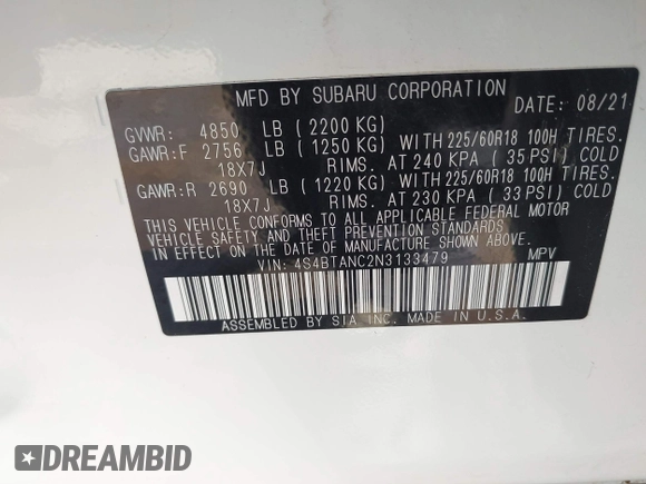 2022 Subaru Outback Limited with VIN 4S4BTANC2N3133479, listed as a IAAI auction lot 42496086 with 43,568 mi miles and . Bid and sale history available at DreamBid. Image 9.