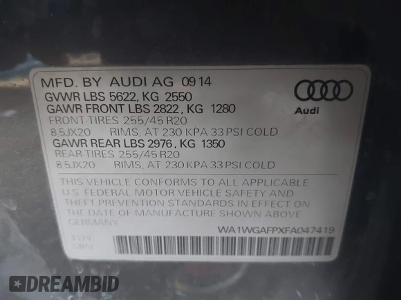 2015 Audi Q5 Prestige with VIN WA1WGAFPXFA047419, listed as a IAAI auction lot 41215622 with Not provided miles and . Bid and sale history available at DreamBid. Image 9.