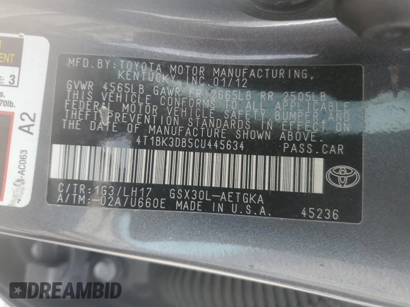 2012 Toyota Avalon z VIN 4T1BK3DB5CU445634, wystawiony jako Copart lot #56147435 z przebiegiem 173 568 mil mil oraz Szkoda całkowita • Salvage title. Historia ofert i sprzedaży dostępna na DreamBid. Obrazek 12.