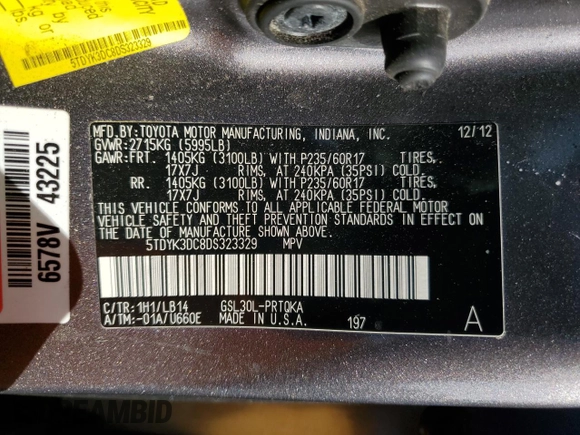 2013 Toyota Sienna XLE AAS with VIN 5TDYK3DC8DS323329, listed as a Copart auction lot 51957005 with 157,638 mi miles and Salvage title. Bid and sale history available at DreamBid. Image 13.