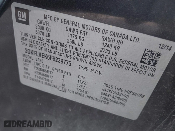 2015 GMC Terrain SLE with VIN 2GKFLVEK6F6239775, listed as a IAAI auction lot 42032922 with 172,916 mi miles. Bid and sale history available at carsss.com. Image 9.
