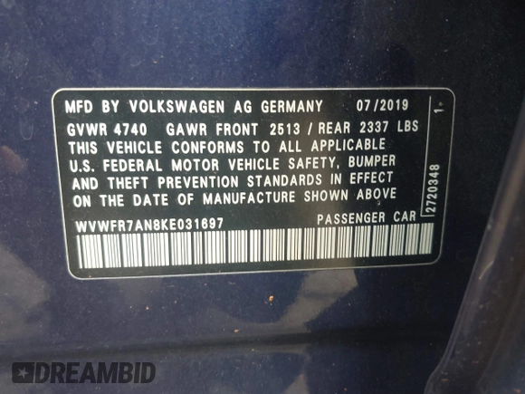 2019 Volkswagen Arteon SE R-Line with VIN WVWFR7AN8KE031697, listed as a IAAI auction lot 42445909 with 108,372 mi miles and . Bid and sale history available at DreamBid. Image 9.