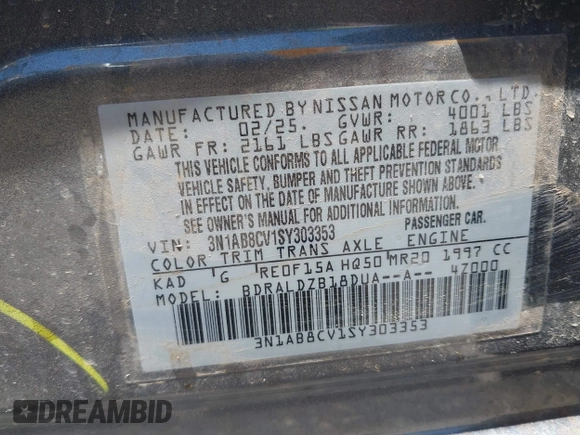 2025 Nissan Sentra SV с VIN 3N1AB8CV1SY303353, выставлен на аукционе IAAI как лот 42503250 с пробегом 7 176 миль миль и . История ставок и продаж доступна на DreamBid. Изображение 9.