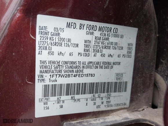 2015 Ford Super Duty F-250 SRW Lariat with VIN 1FT7W2BT4FED15783, listed as a IAAI auction lot 42012550 with 247,885 mi miles. Bid and sale history available at carsss.com. Image 9.