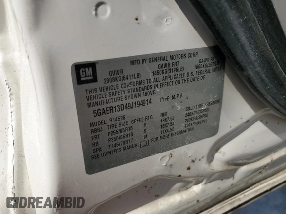 2009 Buick Enclave CX with VIN 5GAER13D49J194914, listed as a Copart auction lot 69853824 with 124,972 mi miles and Salvage Title. Bid and sale history available at DreamBid. Image 15.