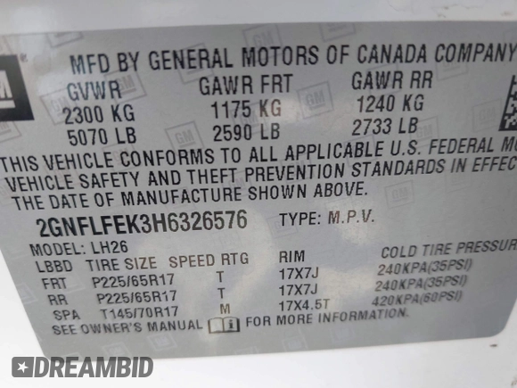 2017 Chevrolet Equinox LT with VIN 2GNFLFEK3H6326576, listed as a IAAI auction lot 42141043 with 94,495 mi miles. Bid and sale history available at carsss.com. Image 9.