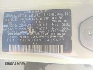 2018 Kia Sorento LX with VIN 5XYPGDA39JG415677, listed as a IAAI auction lot 42051631 with 72,734 mi miles. Bid and sale history available at carsss.com. Image 9.