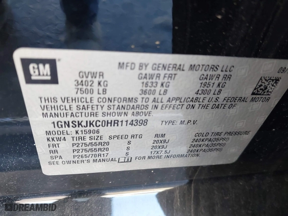 2017 Chevrolet Suburban Premier with VIN 1GNSKJKC0HR114398, listed as a IAAI auction lot 41745611 with 211,906 mi miles. Bid and sale history available at carsss.com. Image 9.