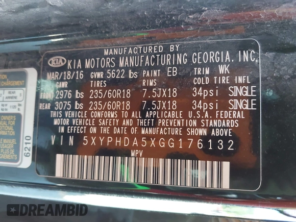 2016 Kia Sorento EX with VIN 5XYPHDA5XGG176132, listed as a IAAI auction lot 42661390 with 263,481 mi miles and . Bid and sale history available at DreamBid. Image 9.