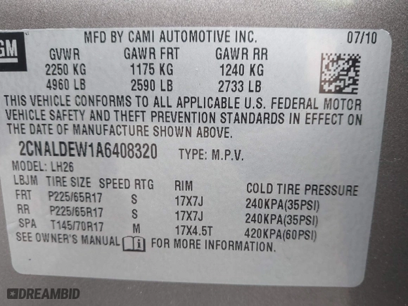 2010 Chevrolet Equinox LT w/1LT with VIN 2CNALDEW1A6408320, listed as a IAAI auction lot 42003953 with 79,056 mi miles. Bid and sale history available at carsss.com. Image 9.