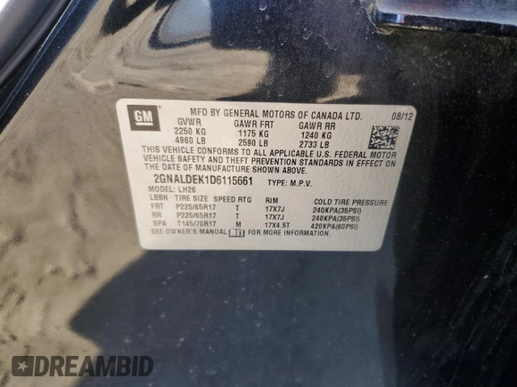 2013 Chevrolet Equinox LT with VIN 2GNALDEK1D6115661, listed as a Copart auction lot 51047015 with 81,142 mi miles and Salvage Title. Bid and sale history available at carsss.com. Image 13.