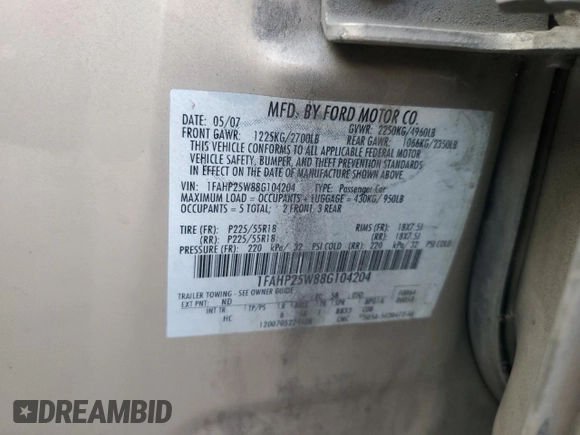 2008 Ford Taurus Limited with VIN 1FAHP25W88G104204, listed as a Copart auction lot 80018854 with 154,399 mi miles and Salvage Title. Bid and sale history available at carsss.com. Image 12.