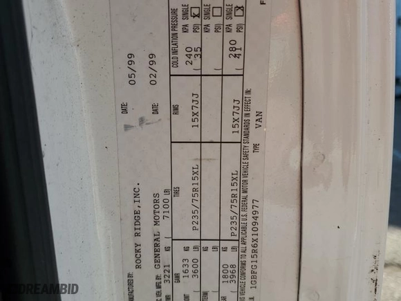 1999 Chevrolet Express Van with VIN 1GBFG15R6X1094977, listed as a Copart auction lot 48469965 with 0 mi miles and Salvage Title. Bid and sale history available at carsss.com. Image 13.