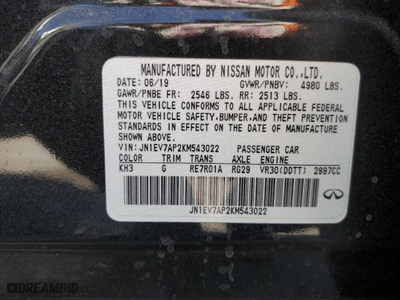 2019 Infiniti Q50 3.0t LUXE with VIN JN1EV7AP2KM543022, listed as a Copart auction lot 44221105 with 31,620 mi miles and Salvage Title. Bid and sale history available at carsss.com. Image 13.