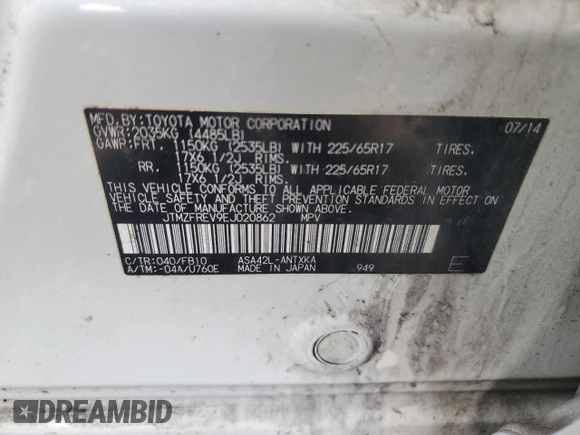 2014 Toyota RAV4 LE with VIN JTMZFREV9EJ020862, listed as a Copart auction lot 63983635 with 170,148 mi miles and Salvage title. Bid and sale history available at DreamBid. Image 14.