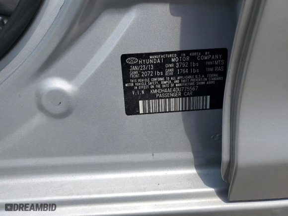 2013 Hyundai Elantra GLS PZEV with VIN KMHDH4AE4DU775567, listed as a Copart auction lot 59032394 with 112,389 mi miles and Salvage Title. Bid and sale history available at carsss.com. Image 12.