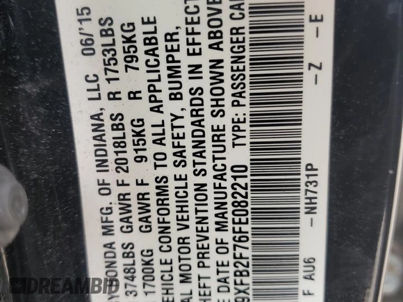 2015 Honda Civic SE z VIN 19XFB2F76FE082210, wystawiony jako Copart lot #57762515 z przebiegiem Nie podano mil oraz Szkoda całkowita • Salvage title. Historia ofert i sprzedaży dostępna na DreamBid. Obrazek 12.
