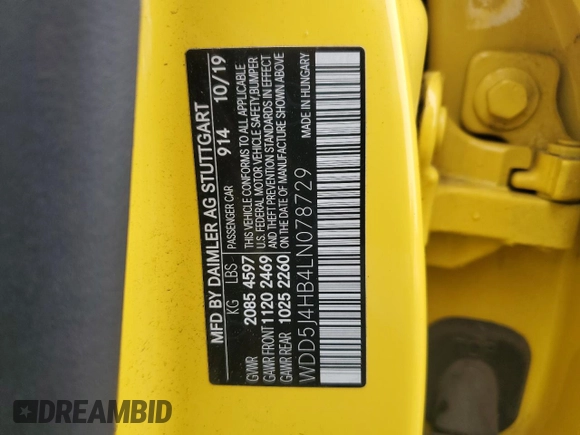 2020 Mercedes-Benz CLA 250 with VIN WDD5J4HB4LN078729, listed as a Copart auction lot 59929165 with 55,785 mi miles and Salvage title. Bid and sale history available at DreamBid. Image 13.