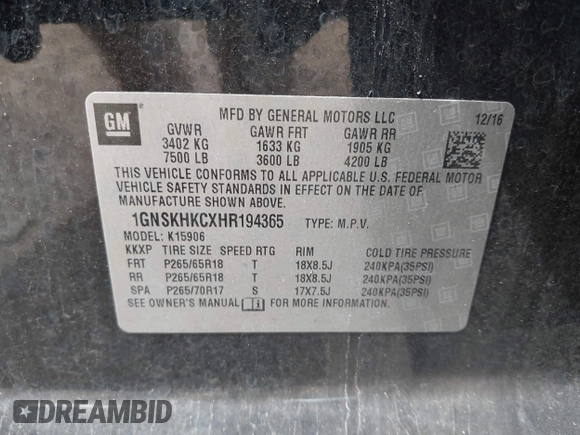 2017 Chevrolet Suburban LT with VIN 1GNSKHKCXHR194365, listed as a IAAI auction lot 42060690 with 213,424 mi miles and . Bid and sale history available at DreamBid. Image 9.