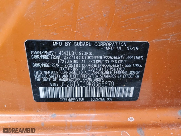 2019 Subaru Crosstrek Premium with VIN JF2GTAEC9K8365670, listed as a Copart auction lot 45459345 with NaN miles and Salvage Title. Bid and sale history available at carsss.com. Image 15.