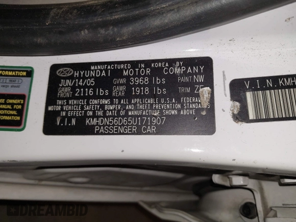 2005 Hyundai Elantra GLS with VIN KMHDN56D65U171907, listed as a IAAI auction lot 41051694 with 103,899 mi miles and . Bid and sale history available at DreamBid. Image 9.