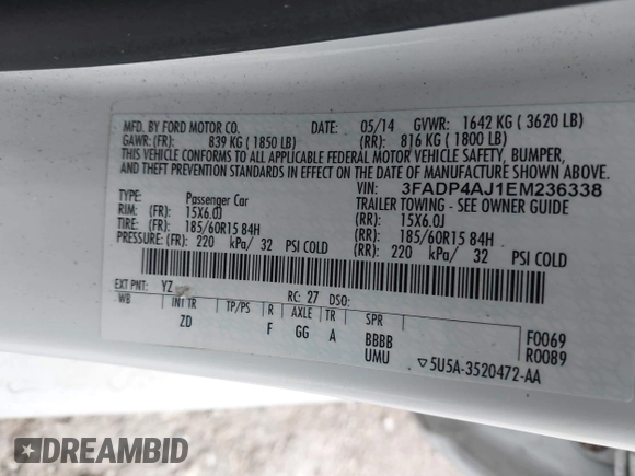 2014 Ford Fiesta S with VIN 3FADP4AJ1EM236338, listed as a IAAI auction lot 42610717 with 136,248 mi miles and . Bid and sale history available at DreamBid. Image 9.
