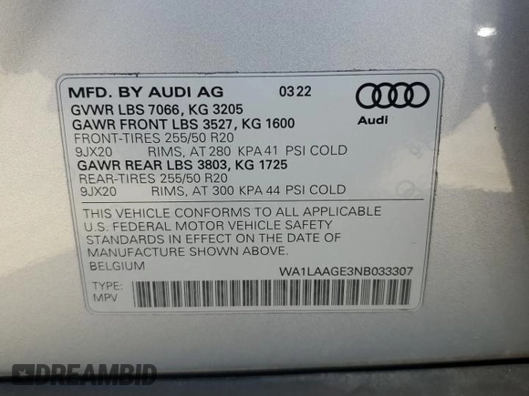 2022 Audi e-tron Premium Plus with VIN WA1LAAGE3NB033307, listed as a Copart auction lot 45680685 with 36,127 mi miles and Salvage Title. Bid and sale history available at DreamBid. Image 14.