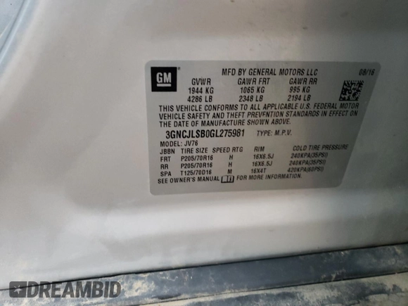 2016 Chevrolet Trax LT with VIN 3GNCJLSB0GL275981, listed as a Copart auction lot 52654704 with Not Provided miles and Salvage Title. Bid and sale history available at DreamBid. Image 13.