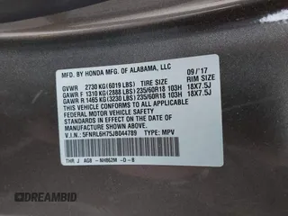 2018 Honda Odyssey EX-L with VIN 5FNRL6H75JB044789, listed as a IAAI auction lot 41625002 with 58,033 mi miles and . Bid and sale history available at DreamBid. Image 9.