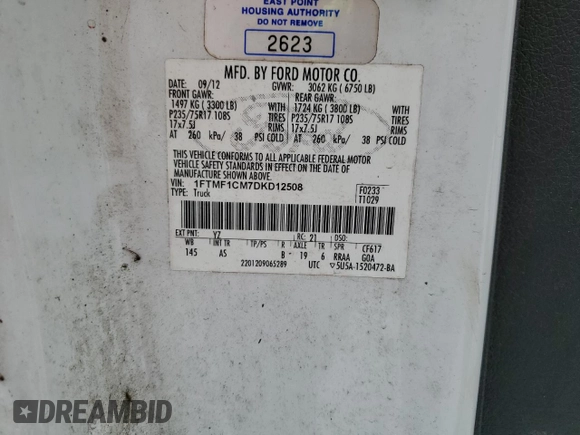 2013 Ford F-150 XL z VIN 1FTMF1CM7DKD12508, wystawiony jako Copart lot #58842375 z przebiegiem 75 379 mil mil oraz Szkoda całkowita • Salvage title. Historia ofert i sprzedaży dostępna na DreamBid. Obrazek 12.