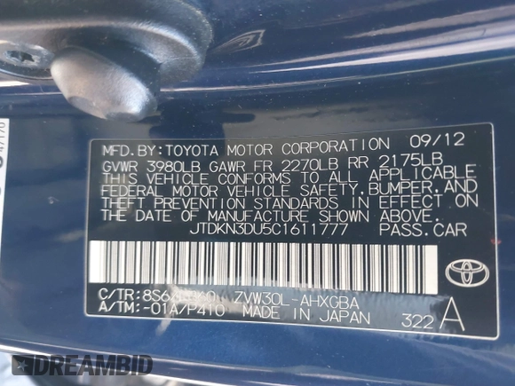 2012 Toyota Prius One with VIN JTDKN3DU5C1611777, listed as a IAAI auction lot 42173349 with 213,636 mi miles and . Bid and sale history available at DreamBid. Image 9.