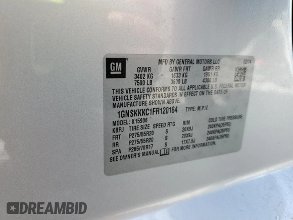 2015 Chevrolet Suburban LTZ with VIN 1GNSKKKC1FR120164, listed as a Copart auction lot 53700455 with 195,815 mi miles and Salvage Title. Bid and sale history available at DreamBid. Image 14.