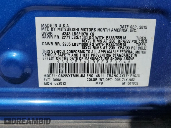 2015 Mitsubishi Outlander Sport ES with VIN 4A4AP3AU9FE053948, listed as a Copart auction lot 49488255 with 107,064 mi miles and Salvage Title. Bid and sale history available at carsss.com. Image 13.