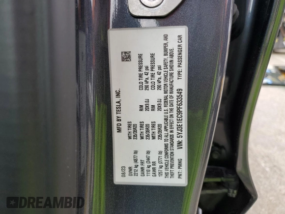 2023 Tesla Model 3 Performance with VIN 5YJ3E1EC9PF633549, listed as a Copart auction lot 48908755 with 23,034 mi miles and Salvage Title. Bid and sale history available at carsss.com. Image 13.